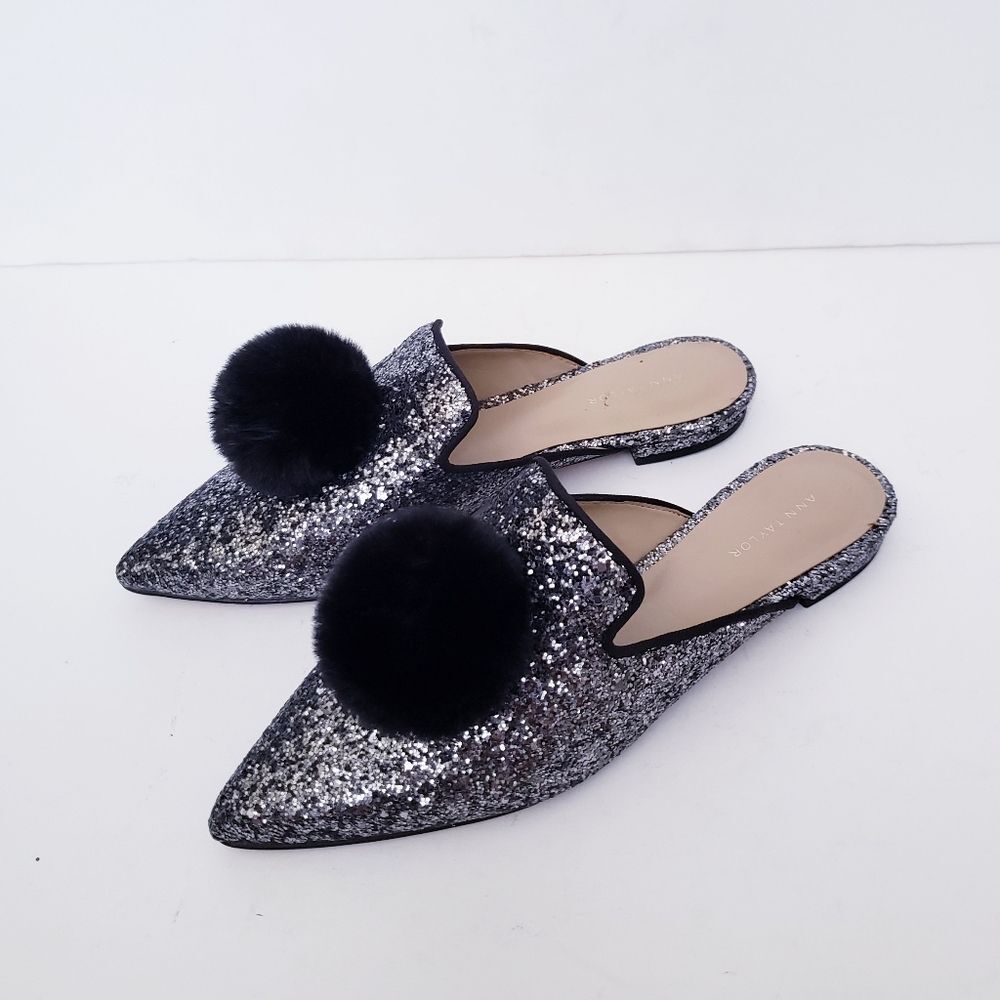 Ann Taylor Metallic Glitter Pom Pom Silver Black Mules - Picture 1 of 11